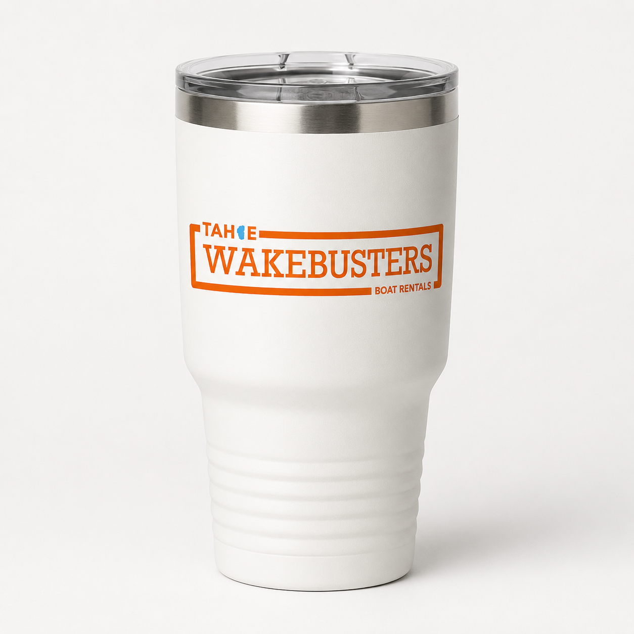Tahoe WakeBusters White Insulated Tumbler with orange logo